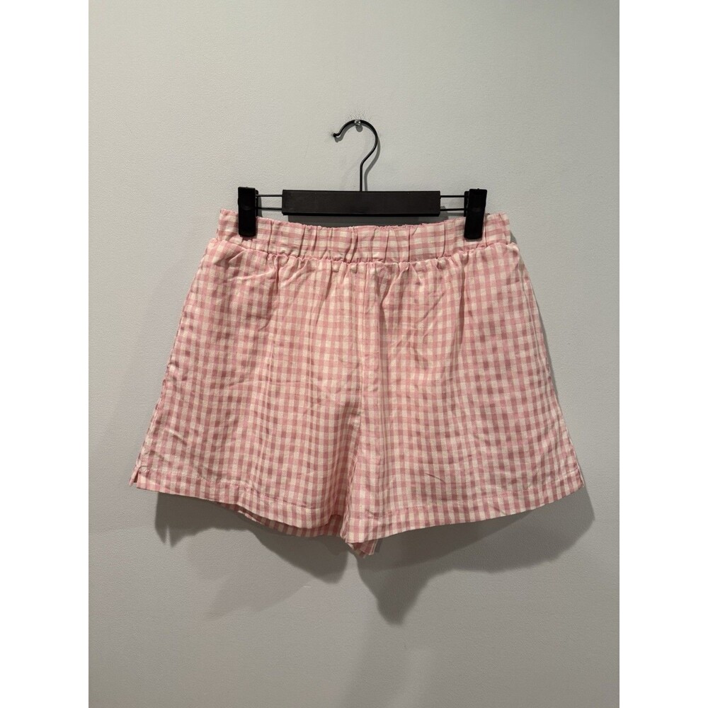 NEW Pretty Garbage Shorts Womens Medium Pink Plaid Elastic Waist Pockets Travel